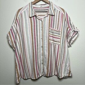 Maurices Women Linen Top 3X Cream‎ Pink Stripe Short Sleeve Coastal Lagenlook